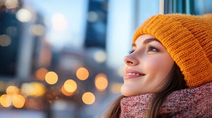 Woman enjoys a winter moment while gazing through glass