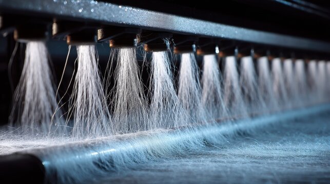 Multiple water jets spray a layer of processed lyocell fibers moving along a conveyor belt, enhancing their smooth, lustrous appearance in a modern textile factory