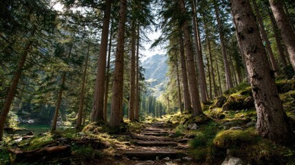 Obraz premium Serene Forest Pathway Surrounded by Majestic Trees and Lush Greenery in a Peaceful Natural Landscape with Mountains in the Background