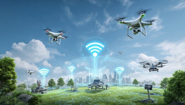 Multiple drones in a city park connected via wifi