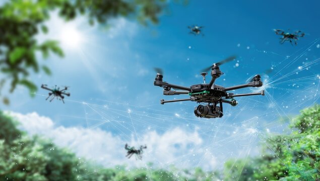 Multiple drones in flight over lush foliage, connected by a network