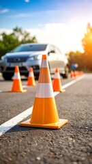 Driving lesson cones on asphalt road