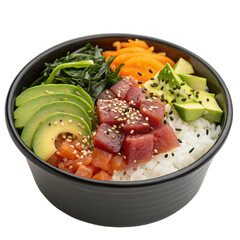 Poke bowl in black dish isolated