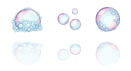 A collection of six iridescent soap bubbles of varying sizes and shapes on a white background space