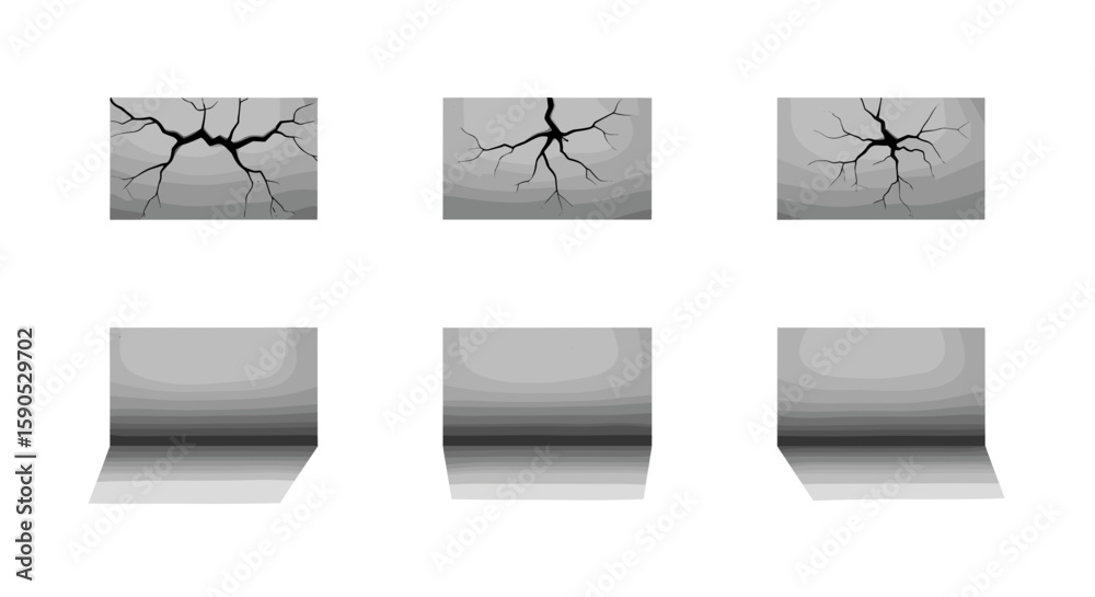Poster six gray square blocks arranged in two rows with cracks and smooth surfaces in a grayscale palette