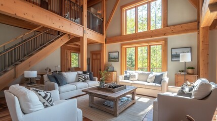 Obraz premium Cozy Timber Frame Living Room Design With Natural Light And Rustic Interior