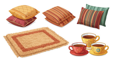 Still life featuring a rug stacked pillows and cups of coffee in a cozy arrangement indoors scene