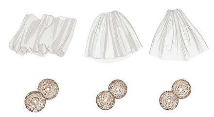 Three sets of white fabric drapes and two circular objects arranged on a white background surface