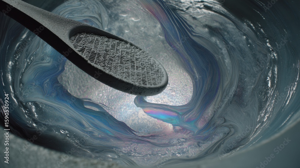 Poster liquid material pouring into semitransparent mold generating mesmerizing concentric ripples, reveali