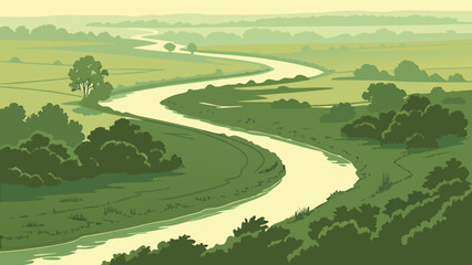 A winding river flows through a green landscape with trees and bushes in a serene environment scene