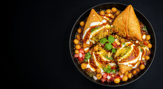 Traditional Indian street food Samosa Chaat with chickpeas, yogurt, and tangy tamarind chutney in a bowl - Powered by Adobe