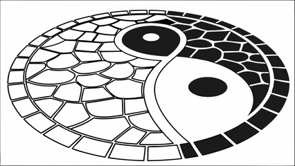 Stylized yin yang symbol with stone like pattern in black and white color scheme design art