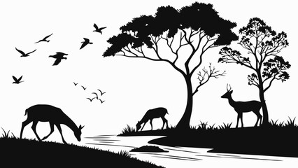 Silhouette of deer drinking water in a river with trees and birds flying around in a nature scene