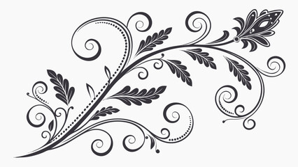 Fototapeta premium Elegant floral design with swirls, leaves, and a decorative flower in black and white illustration