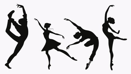 Silhouette illustration of four dancers performing various ballet poses against a white background space