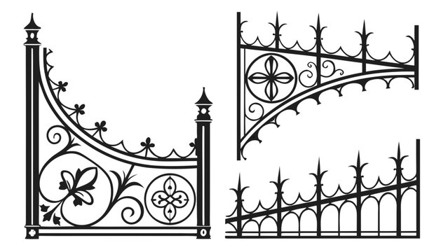 Illustration of decorative wrought iron fence elements with floral and geometric designs shown in black