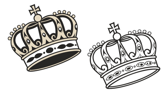 Illustration showing two crowns one colored and one black and white line art drawing of a crown design