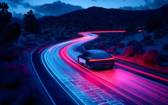 Autonomous vehicles are being tested in a proving ground, where the interplay of lights and vehicle contours showcases the forefront of technology and innovation