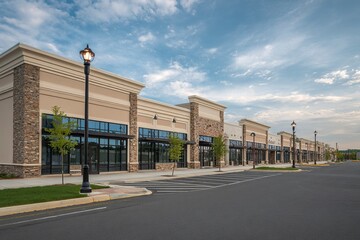 Newly constructed shopping center with empty storefronts, a light brown and blue color scheme, large grassy areas in the middle of each street corner, black windows on the ground level, professional 