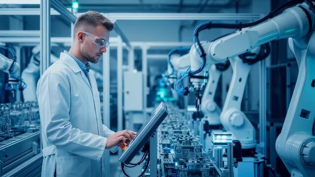 Engineer in a white lab coat and safety glasses operating a control panel while overseeing robotic arms performing automated tasks on an assembly line in a modern factory