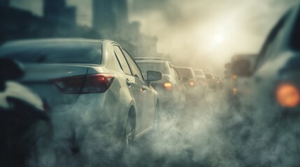 Traffic congestion in an urban area with cars emitting heavy exhaust pollution during a foggy or smoggy day.