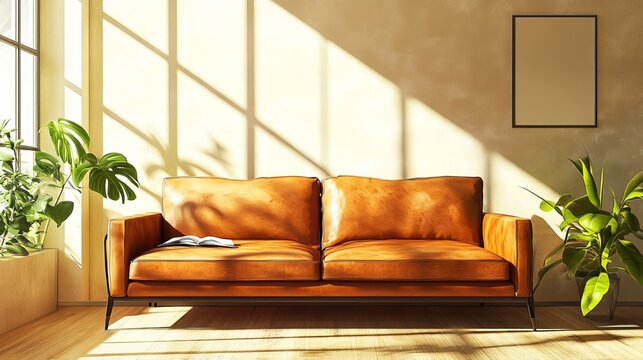 Modern Living Room With Leather Sofa And Sunlight Interior