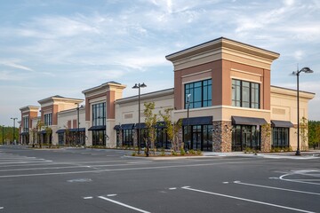 Newly constructed shopping center with empty storefronts, a light brown and blue color scheme, large grassy areas in the middle of each street corner, black windows on the ground level, professional 