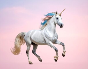 Obraz premium Majestic white unicorn in mid-stride against a soft pink and purple sky