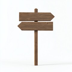 A wooden signpost with two arrow-shaped signs pointing in opposite directions on a white background.