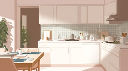 A bright modern kitchen with white cabinets, a tiled backsplash, and a dining table set for breakfast near a large window with plants.