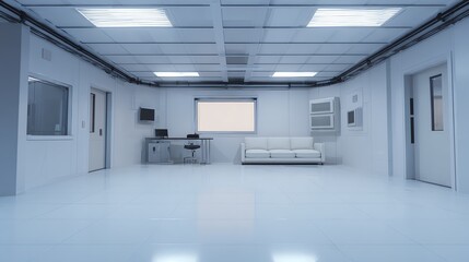 Fototapeta premium A modern, spacious, and minimalistic white room with polished flooring, a sofa, a desk, and multiple windows and doors, illuminated by overhead lighting.