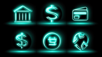 Neon icons representing finance, banking, and payment methods in striking design