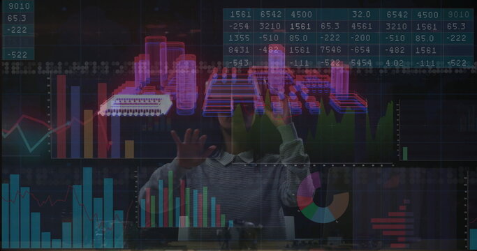 Manipulating holographic data displays, analyst woman working at office, with multicolor charts