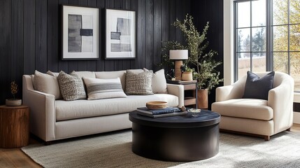 Modern Living Room Interior With Stylish Furniture And Dark Walls