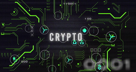 Displaying CRYPTO letters glowing on dark interface, highlighting green circuit traces and icons