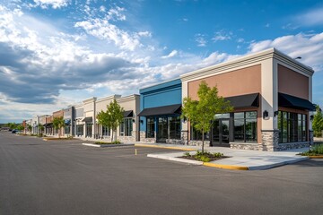 Newly constructed shopping center with empty storefronts, a light brown and blue color scheme, large grassy areas in the middle of each street corner, black windows on the ground level, professional 