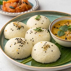 Delicious idli with sesame seeds on plate, south indian 