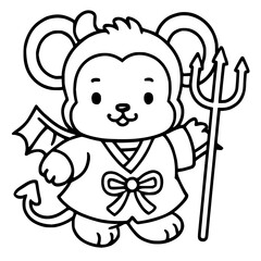 Cute Cartoon Devil Mouse Holding Trident Isolated Line Art

