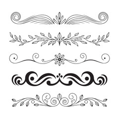 A collection of five decorative vintage design elements including ornate dividers with scrollwork, filigree, and floral motifs, isolated on white