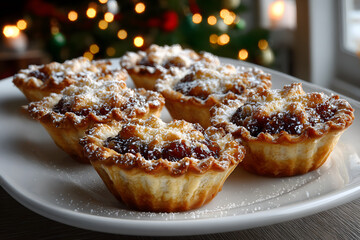 Freshly made holiday mince pies served on a white platter