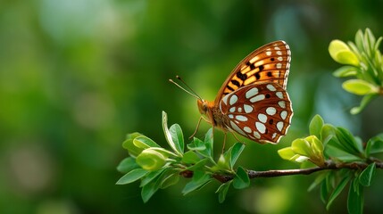 Fototapeta premium Orange and white butterfly on green leaves