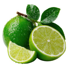 A vibrant composition showcases whole and sliced fresh green limes adorned with leaves and glistening water droplets, all isolated against a pure white background.