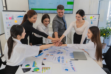 Group of business people shaking hands during meeting in office success contact greeting and...