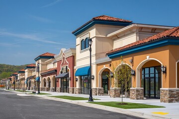 Newly constructed shopping center with various storefronts, one of which is an exterior view of the store building. The color scheme includes tan walls and blue accents on windows, doors, and roof til