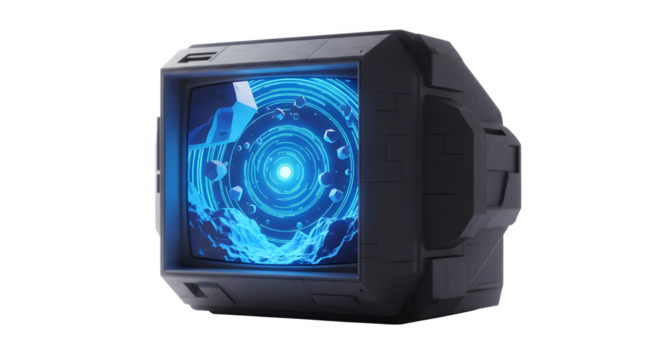 Retro futuristic tv with blue abstract vortex screen and dark gray casing design for media display on transparent background