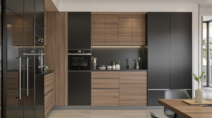 Modern kitchen with sleek black and warm wood cabinetry, integrated appliances, and a minimalist countertop. A dining table is partially visible in the foreground
