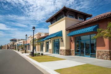 Newly constructed shopping center with various storefronts, one of which is an exterior view of the store building. The color scheme includes tan walls and blue accents on windows, doors, and roof til
