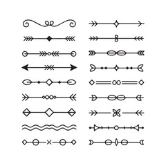 A diverse set of twenty black and white decorative line dividers featuring arrows, diamonds, and floral elements for creative page embellishments