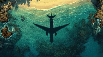 Airplane shadow over turquoise ocean beach