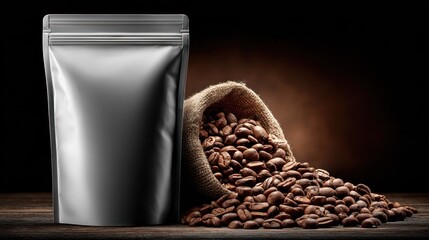 Aluminum coffee bag with spilled beans